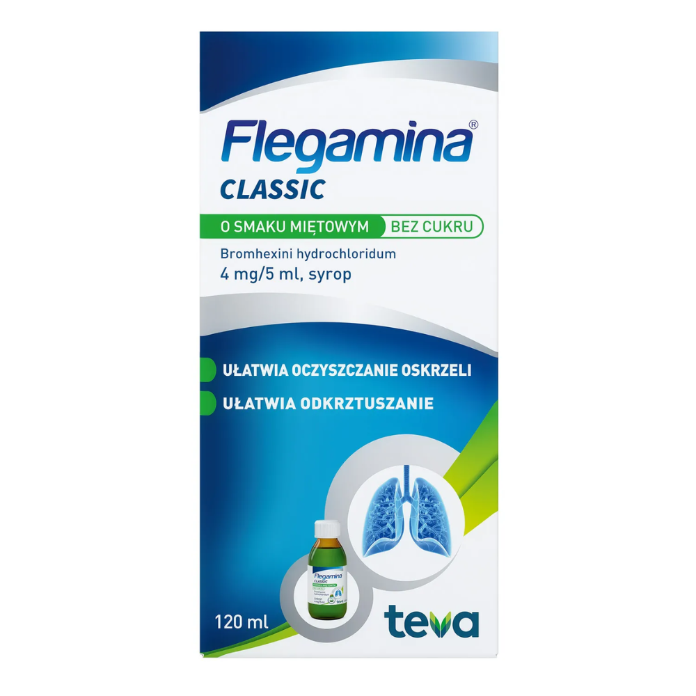 Box of Flegamina Classic, a sugar-free mint-flavored syrup containing bromhexine for easing bronchial secretions.