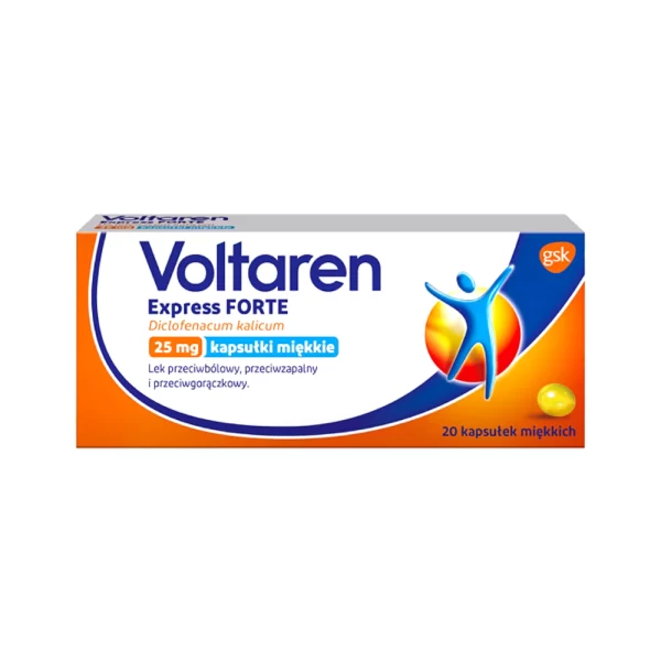 Voltaren-Express-Forte-20-Capsules-Pain-Relief-Diclofenac-Potassium-25mg-Anti-Inflammatory-Analgesic-Antipyretic-Rheumatic-Pain-Muscle-Pain-Lumbosacral-Headache-Toothache-Menstrual-Pain-Colds-Flu-Symptoms-Gelatin-Glycerol-Polysorbate-Quinoline-Yellow-Non-Steroidal-Anti-Inflammatory-Drug-NSAID-GlaxoSmithKline