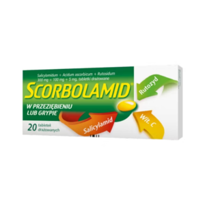 The image shows a box of Scorbolamid, a medication intended for treating symptoms of the common cold or flu. The packaging is predominantly green with yellow and white accents. The top of the box lists the active ingredients: salicylamide, ascorbic acid (vitamin C), and rutoside, with dosages specified as 300 mg, 100 mg, and 5 mg respectively, in coated tablets. The main text on the box reads "Scorbolamid" in large yellow letters. Below, it states that the medication is for use during colds or flu ("w przeziębieniu lub grypie"). There are visual elements representing the key ingredients: salicylamide, rutoside, and vitamin C, each with corresponding arrows pointing to a yellow tablet. The box contains 20 coated tablets. The text on the box is in Polish.