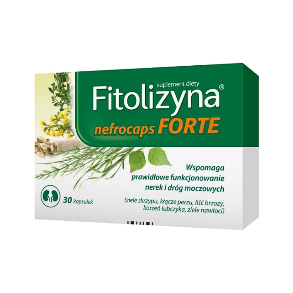 Box of Fitolizyna nefrocaps FORTE dietary supplement with 30 capsules for kidney and urinary tract support, showcasing natural ingredients like horsetail and birch leaves.