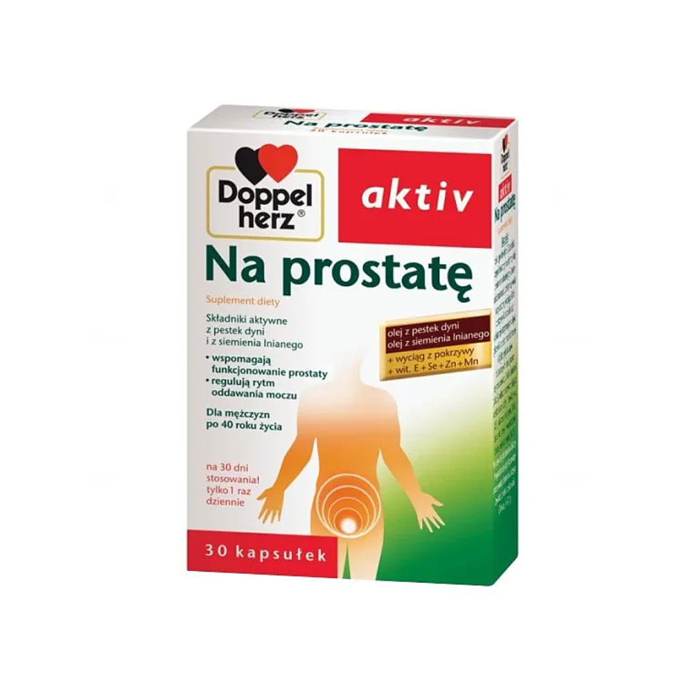 Product packaging for Doppelherz Aktiv Na prostatę, a dietary supplement aimed at supporting prostate health. The box features the Doppelherz logo with a white background and green and red accents. It displays an illustration of a man with a highlighted area around the prostate, indicating the product's focus. The text describes active ingredients including pumpkin seed oil, flaxseed oil, and extracts from nettle, along with vitamins E, selenium, zinc, and manganese, which aid in prostate function and urinary rhythm regulation. The package contains '30 capsules' and recommends 'only 1 capsule daily for 30 days' for men over 40 years of age.
