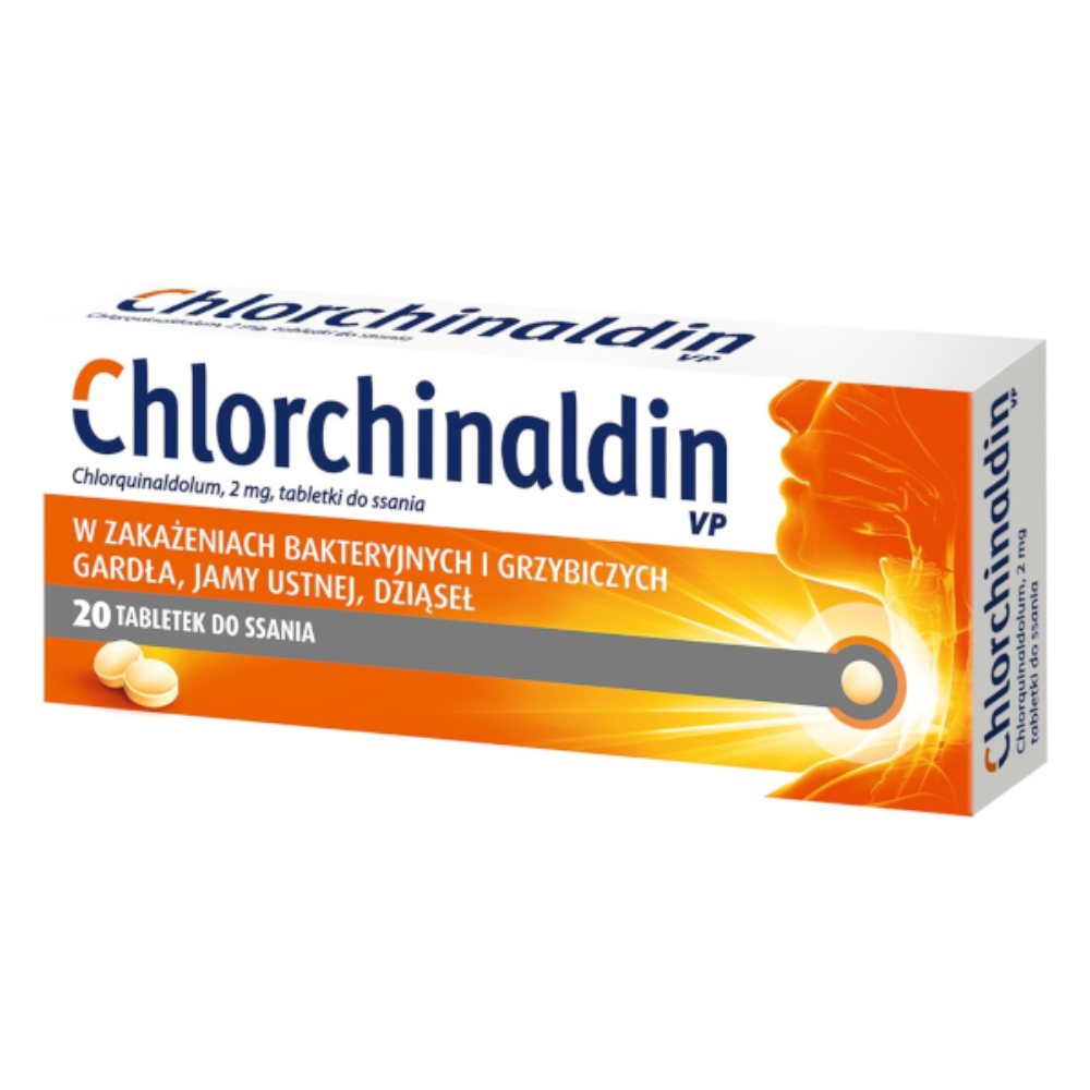 Packaging of Chlorchinaldin VP lozenges, highlighting its use in treating bacterial and fungal infections in the oral cavity with its active antiseptic agent, chloroquinaldol, at a 2mg dosage per tablet.