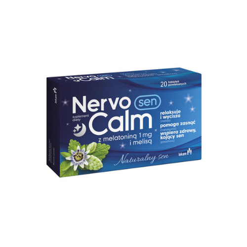 Image of a blue box of 'Nervo Calm Sen' dietary supplement tablets. The package states it contains 20 coated tablets with 1 mg of melatonin and lemon balm, designed to aid in relaxation, calming, and promoting healthy sleep. The box is decorated with a night-themed background featuring stars and a crescent moon, alongside illustrations of lemon balm leaves and flowers.