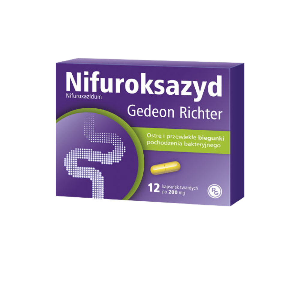 Box of Nifuroksazyd from Gedeon Richter, containing 12 hard capsules each of 200 mg, designed for treating acute and chronic bacterial diarrhea. The box is primarily purple with a graphic of a stylized green digestive tract, emphasizing the medication's targeted action.
