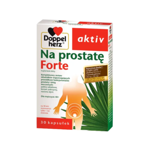 Box of Doppelherz aktiv Na Prostatę Forte, a dietary supplement for men over 40, containing 30 capsules. It supports prostate and urinary tract health with ingredients like saw palmetto, nettle root, and pumpkin seeds.