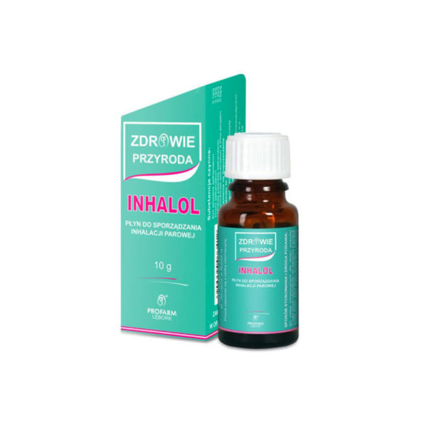 Inhalol liquid for steam inhalation therapy in a 10g bottle with box, by PROFARM, to ease respiratory discomforts, containing a blend of essential oils.