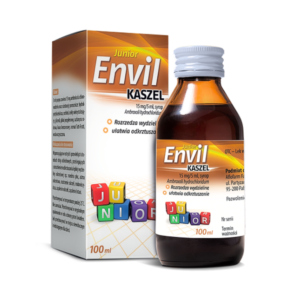A bottle of Envil Junior Kaszel syrup, 100ml, displayed next to its packaging. The packaging and bottle label indicate the product contains 15 mg/5 ml of Ambroxoli hydrochloridum. The label highlights that the syrup is designed to thin mucus and facilitate coughing up secretions. The product is intended for children and features colorful blocks with letters spelling "JUNIOR."