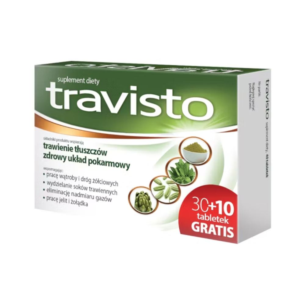 Box of Travisto dietary supplement, which supports fat digestion and a healthy digestive system with natural extracts.