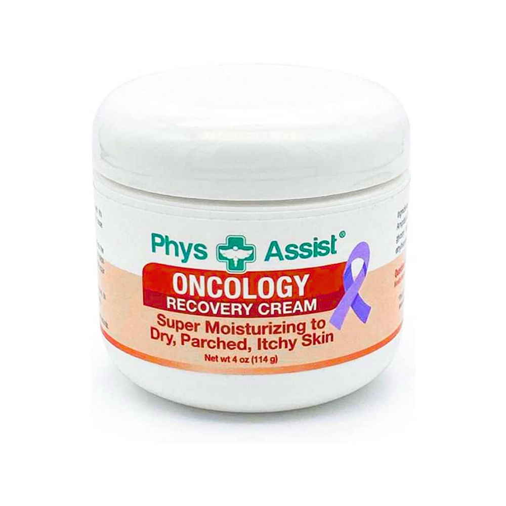 Packaging of Phys Assist Oncology Recovery Cream for face and body, super moisturizing for dry, parched, itchy skin, 4 oz container.