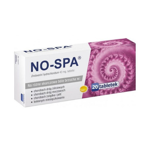 Image of NO-SPA 40 mg tablets box, antispasmodic medication for pain relief, contains Drotaverine Hydrochloride, 20 tablet count, available for online purchase, essential for stomach and intestinal spasms management, comes in white and purple packaging with clear dosage instructions.