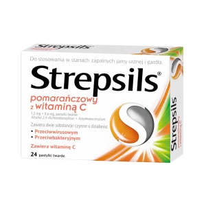 Alt text: Box of Strepsils lozenges, specifically the orange flavor with vitamin C. The packaging is in Polish, mentioning it is used for inflammatory conditions of the mouth and throat. It contains two active substances with antiviral and antibacterial properties. The box contains 24 hard lozenges and highlights the presence of vitamin C.