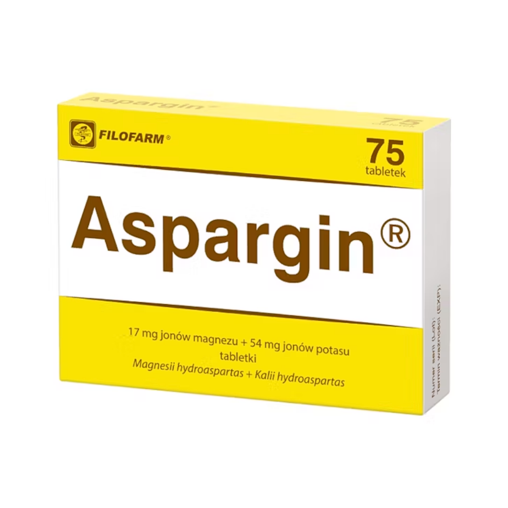 "Aspargin supplement box from Filofarm containing magnesium and potassium aspartate tablets for mineral replenishment.