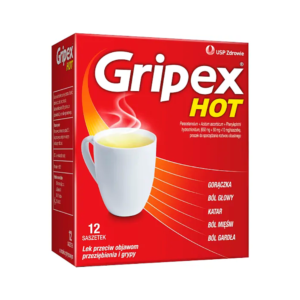 The image shows a box of Gripex HOT, a medication by USP Zdrowie designed to relieve symptoms of cold and flu. The packaging is predominantly red with white and yellow accents. On the left side of the box, there is an illustration of a steaming cup, indicating that the medicine is to be prepared as a hot drink. The box states that it contains 12 sachets, each with a combination of paracetamol, ascorbic acid (vitamin C), and phenylephrine hydrochloride, with dosages specified as 650 mg + 50 mg + 10 mg per sachet. The product claims to alleviate fever, headache, nasal congestion, muscle pain, and sore throat. The text on the box is in Polish.