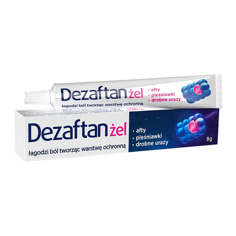 Dezaftan gel tube alongside its packaging, emphasizing its application for canker sores, oral thrush, and minor mouth injuries.