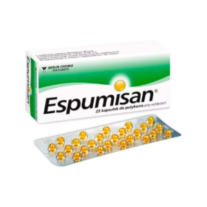 Box of Espumisan 25 soft gel capsules used for relieving gas and bloating. The packaging is white and green with the Espumisan logo prominently displayed. The blister pack in the foreground shows the transparent capsules filled with yellow liquid, highlighting the product's dosage form.