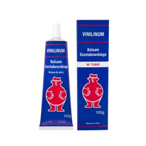 Tube and box of Vinilinum Balsam Szostakowskiego, a skin balm for topical use, weighing 100g, featuring a red and blue design with a character illustration.