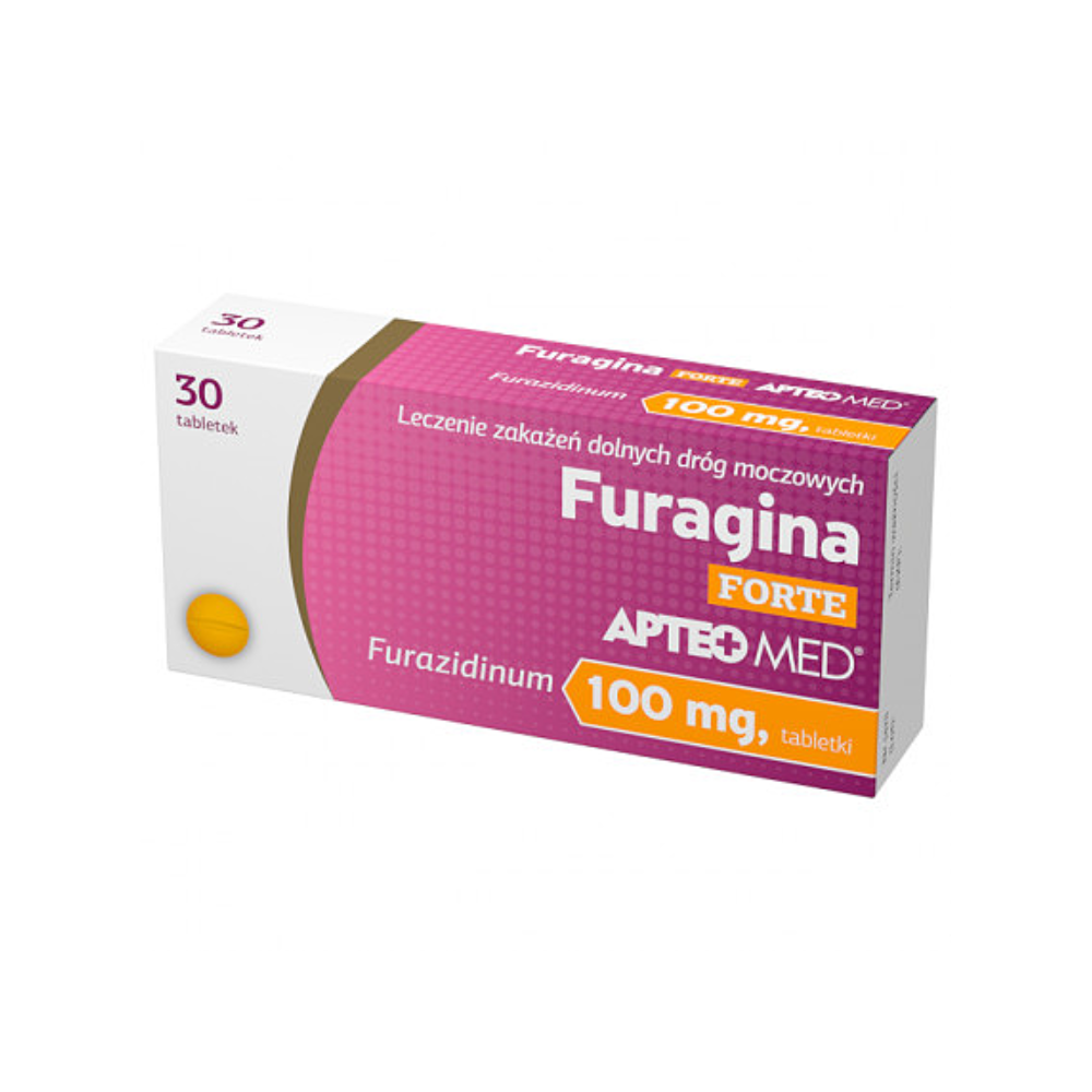Image of a Furagina Forte medication box, Apteo Med brand, showcasing 100 mg Furazidinum tablets in a pink and white package, designated for urinary tract infection treatment, with a 30-tablet count available for online order and fast delivery.