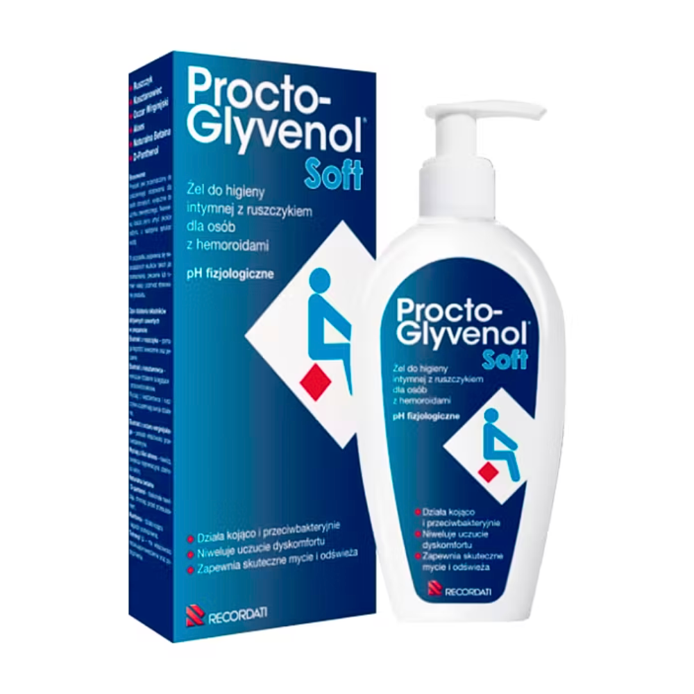 Product image of Procto-Glyvenol Soft, a gel for intimate hygiene specifically designed for individuals with hemorrhoids. The packaging is a white bottle with a pump dispenser, prominently featuring blue and white design elements. The box next to the bottle outlines the product’s benefits, including soothing and antibacterial properties, discomfort relief, and effective cleansing with physiological pH levels.