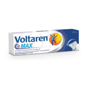 Box of Voltaren Max gel, 100g, containing diclofenac diethylammonium (23.2 mg/g), used for its anti-inflammatory and pain-relieving properties, providing relief for up to 12 hours.