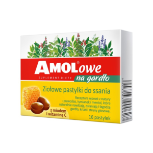 Image of Amolowe na gardło packaging, featuring a vibrant design with an image of various herbs at the top. The package indicates that it contains 16 herbal lozenges with honey and vitamin C, designed to soothe the throat. The text describes the product as a dietary supplement with natural ingredients like marshmallow, thyme, and menthol.