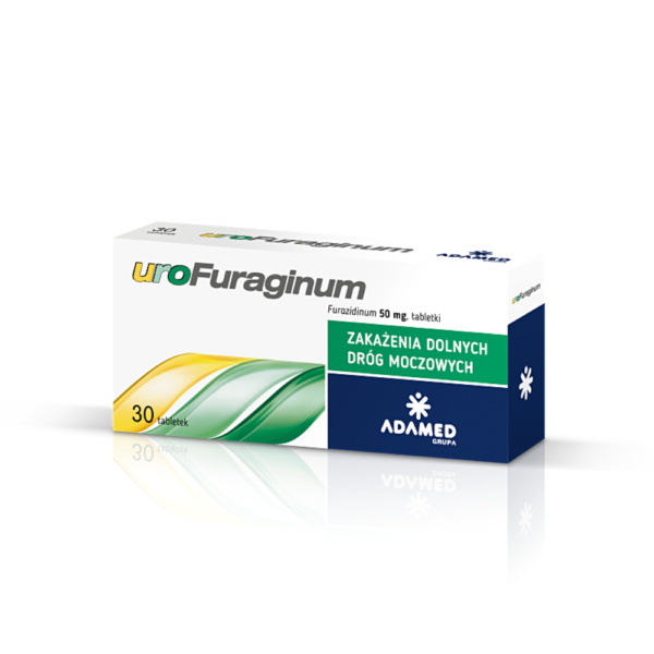 Packaging of UroFuraginum 50mg with Furazidinum, a 30-tablet treatment for lower urinary tract infections, from Adamed Group, displayed in high resolution.