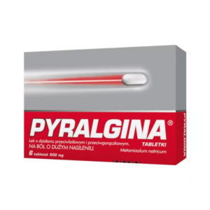 Box of Pyralgina, containing 6 tablets of 500 mg Metamizolum natricum, used as a pain reliever and fever reducer for severe pain.