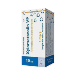 Box of Xylometazolin VP nasal drops, 1 mg/g, 10 ml, used to relieve nasal congestion.