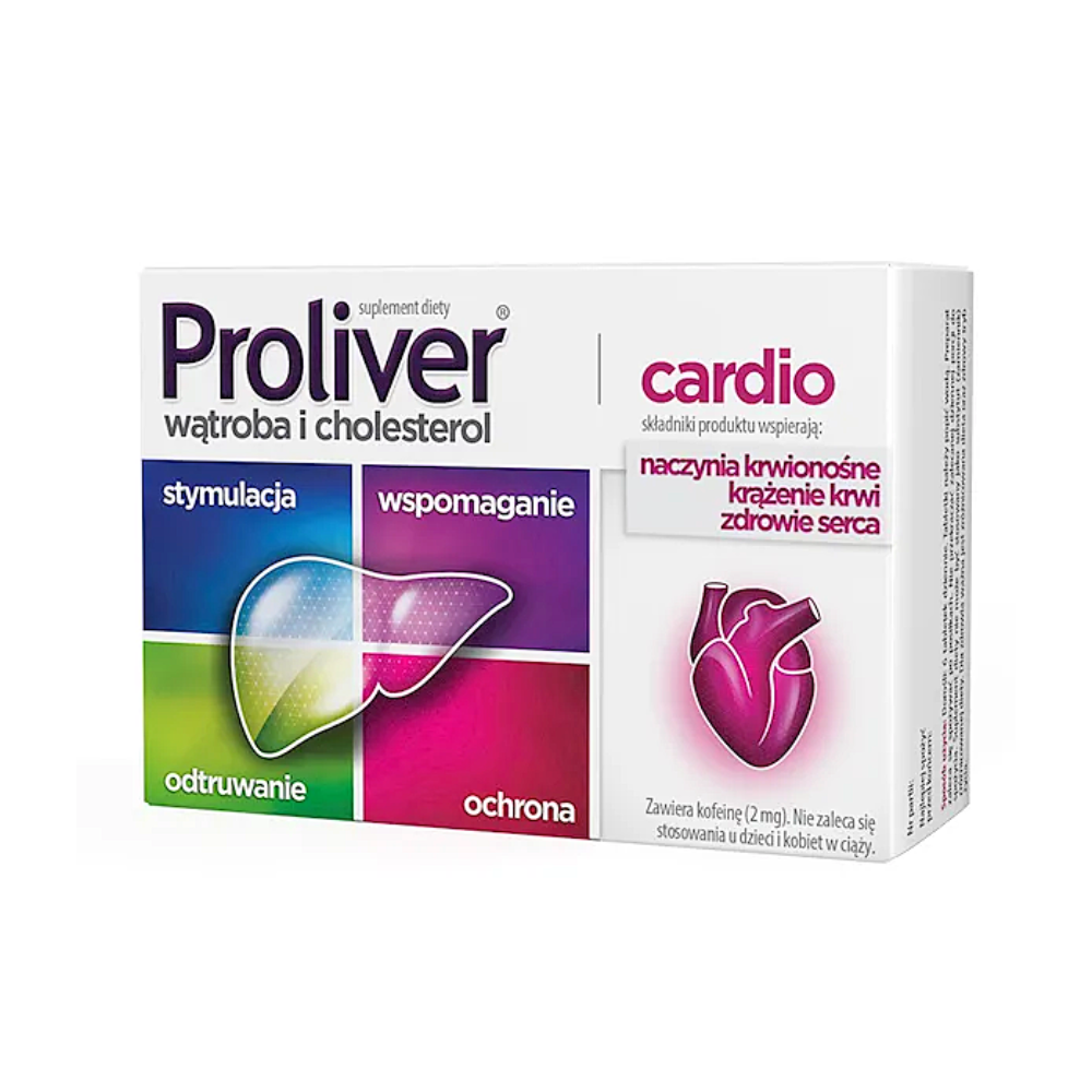 Box of Proliver dietary supplement for liver and cholesterol health with key ingredients listed, indicating stimulation, support, detoxification, and protection.