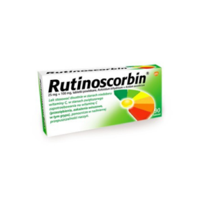 Box of Rutinoscorbin tablets, containing 25 mg of rutoside trihydrate and 100 mg of ascorbic acid (vitamin C), 90 coated tablets.