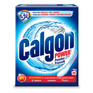 Box of Calgon Power Powder Proszek 3-in-1 with 20 doses, featuring a blue and white design. The packaging highlights protection from limescale, dirt, and odors, and shows recommendations from leading washing machine manufacturers Bosch, Siemens, and Whirlpool.