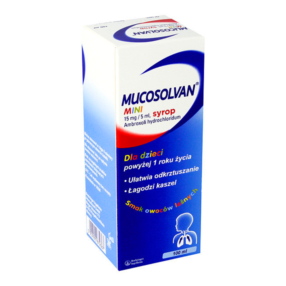 Box of Mucosolvan Mini syrup for children over 1 year of age, 15 mg/5 ml with ambroxol hydrochloride, forest fruits flavor, 100 ml package.