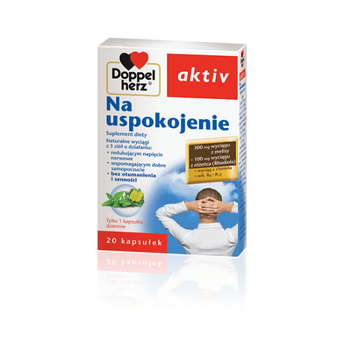 Product packaging for Doppelherz Aktiv Na uspokojenie, a dietary supplement designed for relaxation. The box, prominently featuring the Doppelherz logo, is white with red and blue accents. It displays an image of a person from behind, sitting with their hands clasped over their head against a blue sky background. The text highlights that the supplement contains natural extracts such as lemon balm, Rhodiola rosea, and vitamins B6 and B12, aimed at reducing nervous tension and enhancing well-being. The packaging specifies '20 capsules' and 'Only 1 capsule daily'.