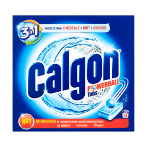 Box of Calgon Powerball Tabs 3-in-1 with 15 tablets, featuring a blue and white design. The packaging highlights protection from limescale, dirt, and odors, and shows recommendations from leading washing machine manufacturers Bosch, Siemens, and Whirlpool.