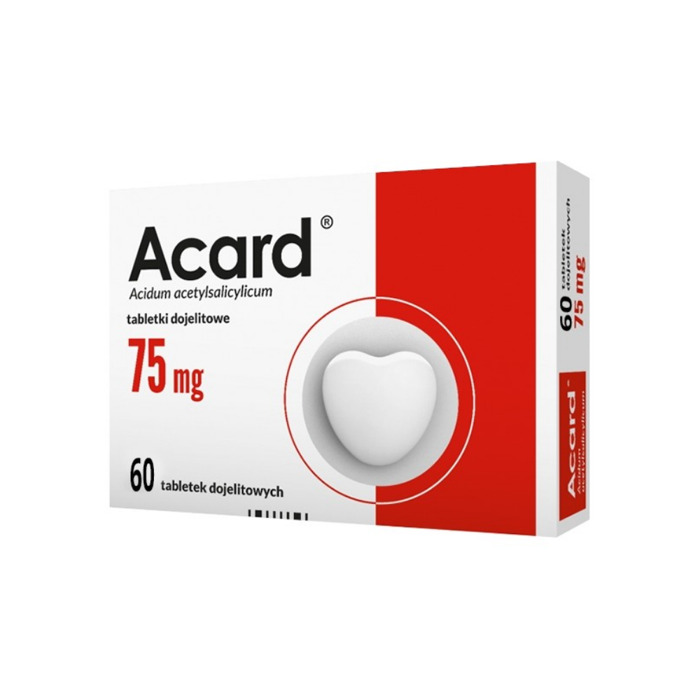 "Box of Acard 75 mg gastro-resistant tablets with a count of 60, emphasizing acetylsalicylic acid as the active ingredient for blood clot prevention and heart health management, produced by POLFA WARSZAWA in Poland.