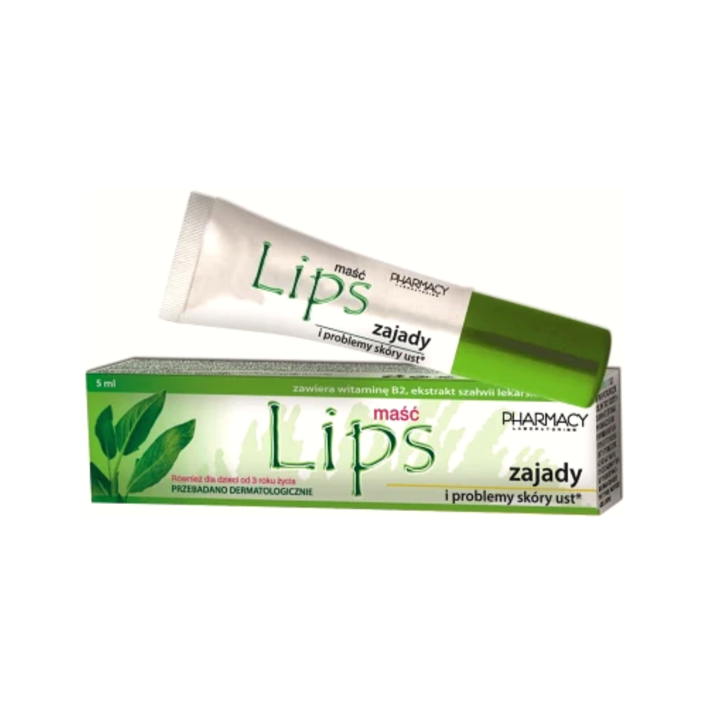 A tube of Lips ointment for angular cheilitis with sage extract and vitamin B2 on the product packaging.