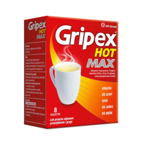 The image shows a red and yellow box of Gripex Hot Max, a medication designed to relieve symptoms of colds and flu. The box features a white steaming mug, indicating the product is to be mixed with hot water. Key ingredients listed include paracetamol, acetic ascorbate, and phenylephrine hydrochloride. The box highlights that it helps with fever, headaches, runny nose, sore throat, and muscle aches. The package contains 8 sachets and is produced by USP Zdrowie.