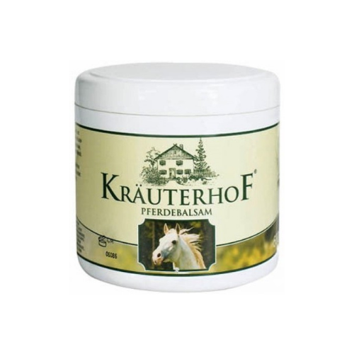 Jar of Kräuterhof Pferdebalsam cream, with a white horse image, for soothing muscle and joint relief.