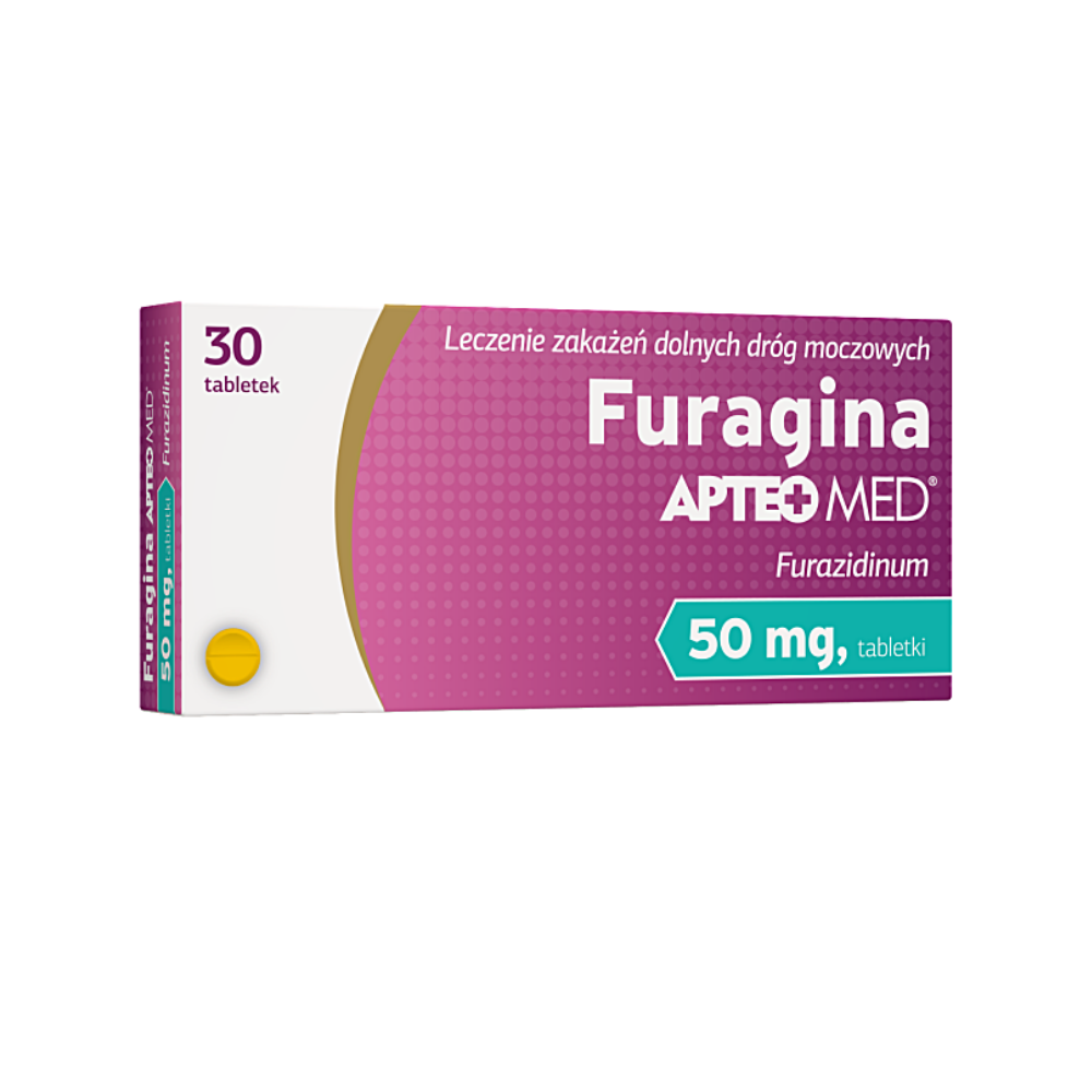 Furagina APTEO MED 50 mg package, 30 pink-and-white tablets box, over-the-counter urinary tract infection treatment, front view.