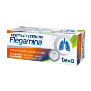 A box of Flegamina effervescent tablets, containing 600 mg of acetylcysteine. The packaging highlights that the product is designed for adults and adolescents over 14 years of age to aid in mucus expectoration. The box features branding from Teva and an image of lungs with bubbles, indicating its use for respiratory health.
