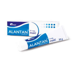 Packaging and tube of Alantan ointment, featuring a white and blue design. The box and tube both prominently display the 'UNIA' brand logo and the product name 'ALANTAN'. The label indicates that the ointment contains allantoin, with a concentration of 20 mg/g. The package contains 30 grams of the product, highlighted by blue dots indicating the size on the box.