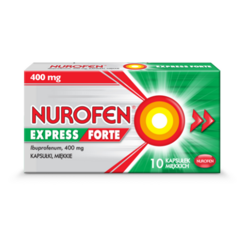 Box of Nurofen Express Forte, featuring 10 soft capsules of 400 mg ibuprofen each. The packaging is predominantly green with white and red accents, including a dynamic red and yellow target symbol that signifies rapid pain relief. The box clearly states 'Ibuprofenum, 400 mg' for effective, fast-acting pain management.
