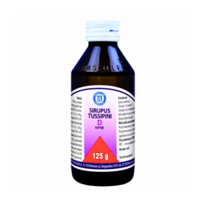 A bottle of Sirupus Tussipini D syrup, 125g, with a white cap and a label featuring a purple and white design. The label includes detailed information about the product, indicating it is a medicinal syrup used for treating respiratory tract conditions. The bottle is designed for therapeutic use and contains specific instructions and ingredients on the label.