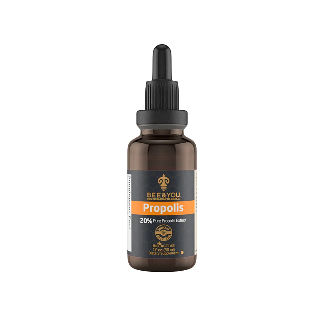 1 oz bottle of BEE&YOU 20% Pure Propolis Extract, a potent, ultra-strength dietary supplement for immune support and wellness, featuring non-GMO and gluten-free Anatolian Propolis, purified water, and grain alcohol with a high antioxidant content, free from artificial preservatives, colors, refined sugar, and other allergens, certified by GMP, BRC, ISO, and Kosher standards.