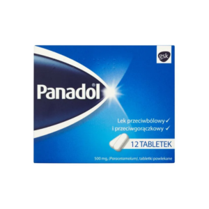 Image of Panadol packaging, featuring a blue design with the brand name 'Panadol' prominently displayed. The package indicates that it contains 12 coated tablets, each with 500 mg of paracetamol, and is labeled as a pain reliever and fever reducer.