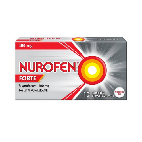 Box of Nurofen Forte, containing 12 coated tablets of 400 mg ibuprofen each. The packaging design features a bold red and silver theme with a striking yellow and red target graphic, emphasizing the strength and effectiveness of the medication for pain relief.