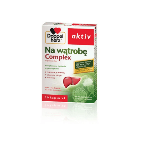 Product packaging for Doppelherz Aktiv Na wątrobę Complex, a dietary supplement targeting liver health. The box displays the Doppelherz logo, with a predominantly white background and green and red accents. It features an image of a healthy liver and a milk thistle plant, emphasizing its herbal ingredients. The text on the box highlights the product's benefits such as supporting liver regeneration, enhancing detoxification, and improving digestion. It also notes a substantial dose of 250 mg of milk thistle extract. The package states '30 capsules' with the recommendation of 'only 1 capsule daily for 30 days'.