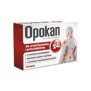 Box of Opokan, containing 10 tablets of 7.5 mg Meloxicam, an anti-inflammatory and pain reliever for rheumatoid arthritis, joint and muscle pain, and degenerative joint diseases.
