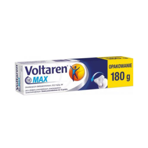 Box of Voltaren Max gel, 180g, containing diclofenac diethylammonium (23.2 mg/g), used for its anti-inflammatory and pain-relieving properties, providing relief for up to 12 hours.