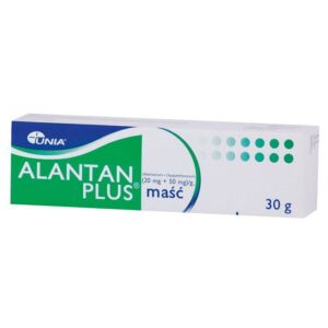 Packaging for Alantan Plus ointment, 30 grams, presented in a predominantly white and green box with blue accents. The label prominently features the brand 'UNIA' and the product name in green. It also lists the active ingredients as allantoin and dexpanthenol, 20 mg + 50 mg/g, and describes the product as an ointment ('maść' in Polish).