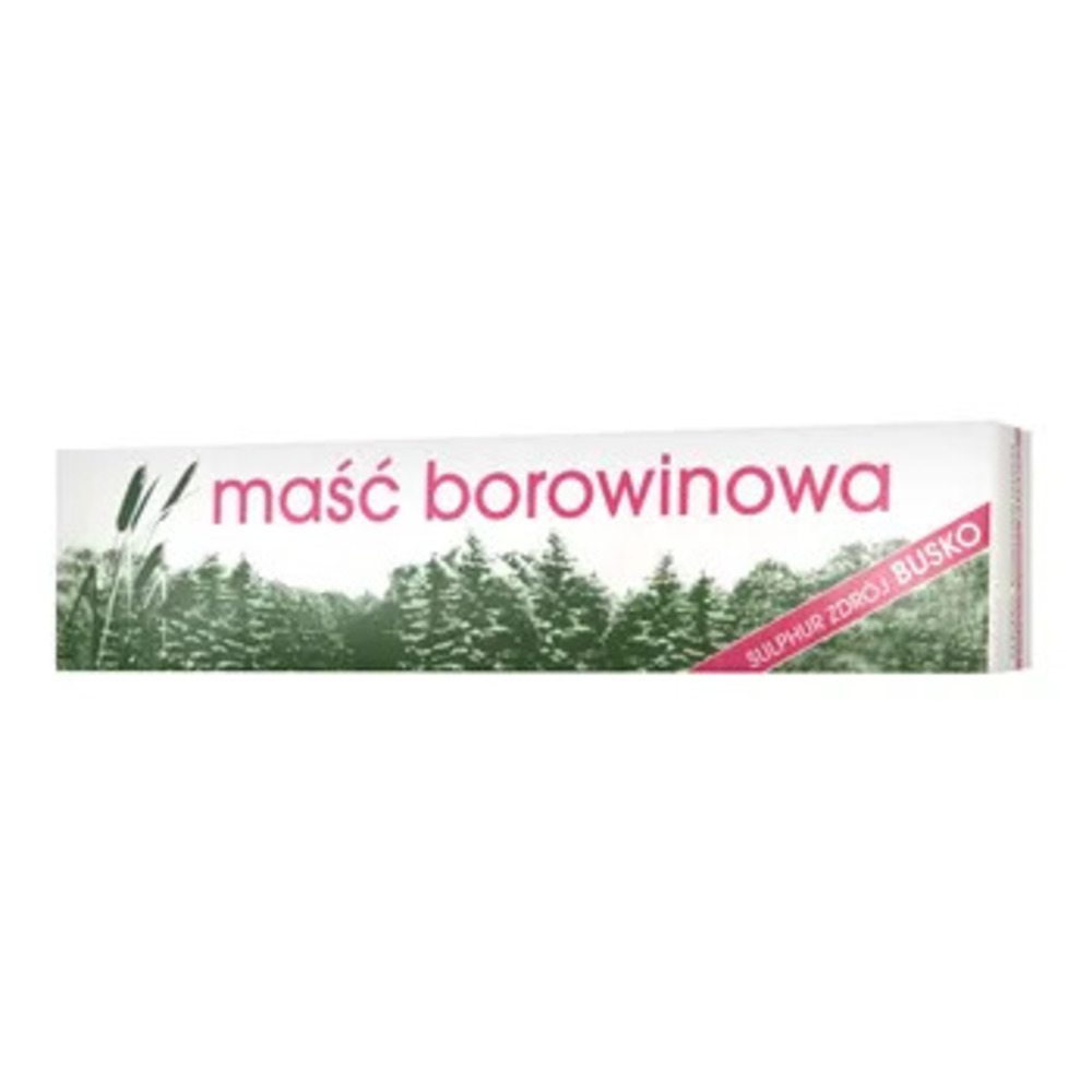 "Packaging for Maść borowinowa, displayed as a narrow, elongated box. The design features a serene forest landscape in green tones as the background, overlaid by the product name in white and pink lettering. A diagonal pink ribbon across the corner indicates a promotional message, possibly regarding a sale or special offer.